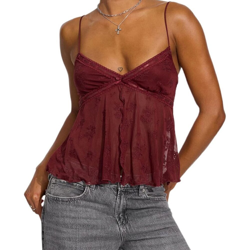 Women Floral Mesh Tank Top Sheer Split Front V Neck Backless Cropped Camisole
